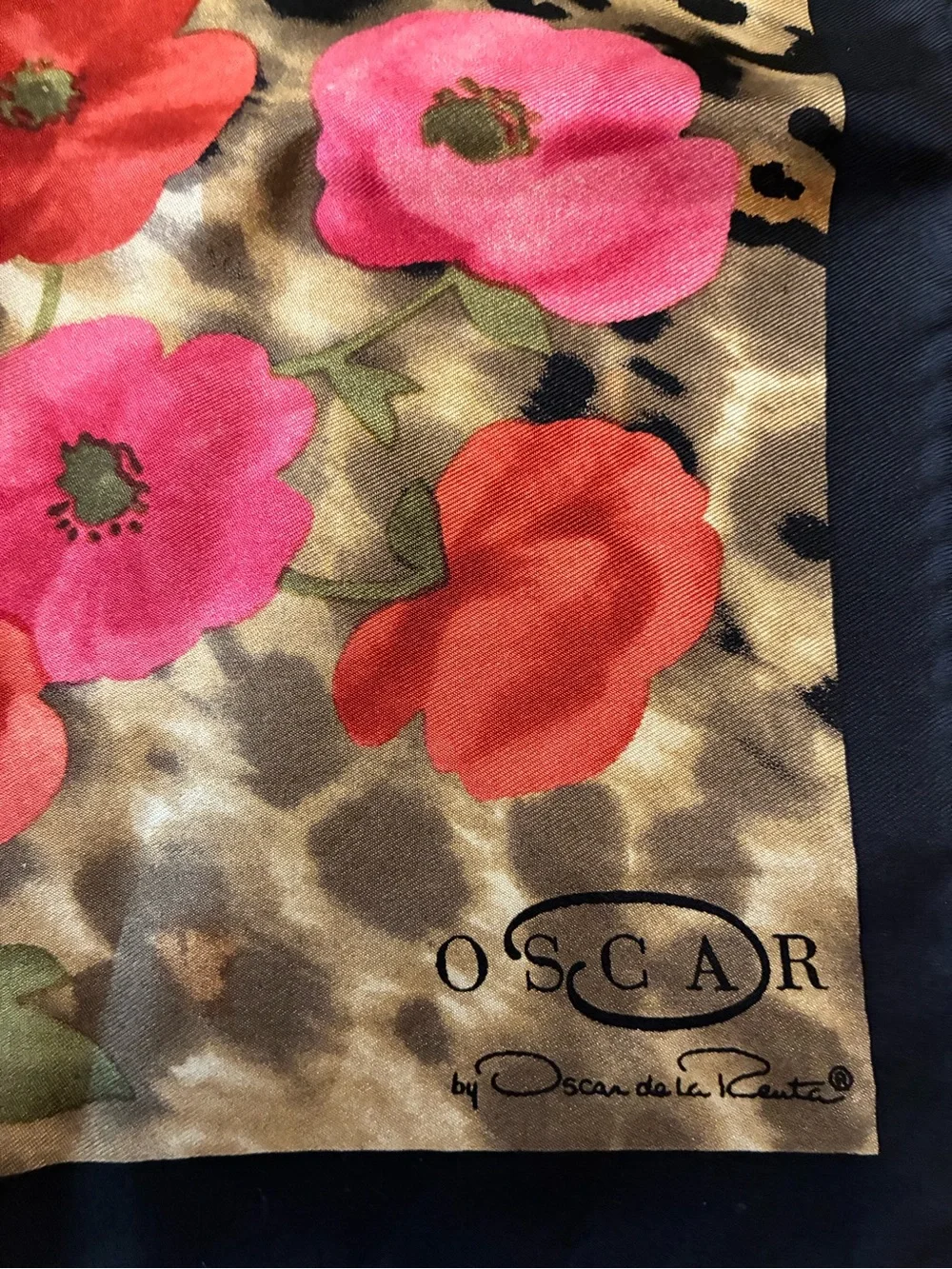 Oscar de la Renta Pink and Red Floral on Leopard Silk Scarf